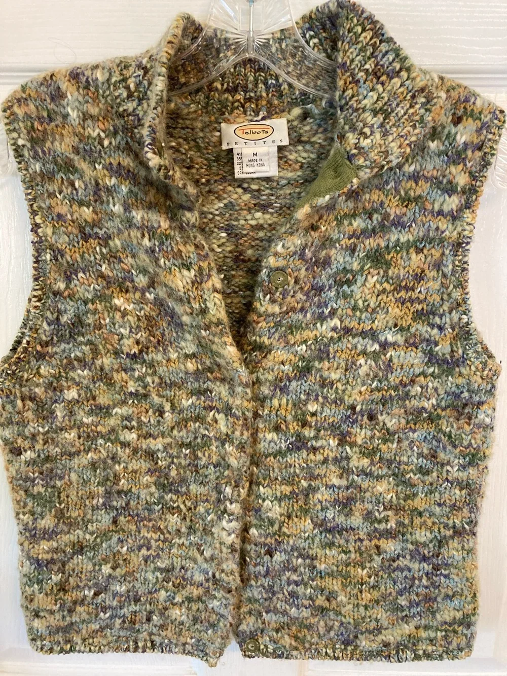 Talbots Petite Multicolor Wool Blend Knit Button Vest - Green/Blue/Gold
